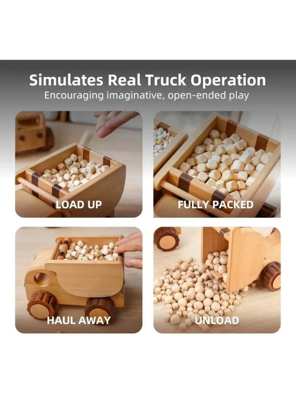 Wooden Dump Truck Toy for Toddlers | Montessori Construction Vehicle | 90° - Picture 5 of 9